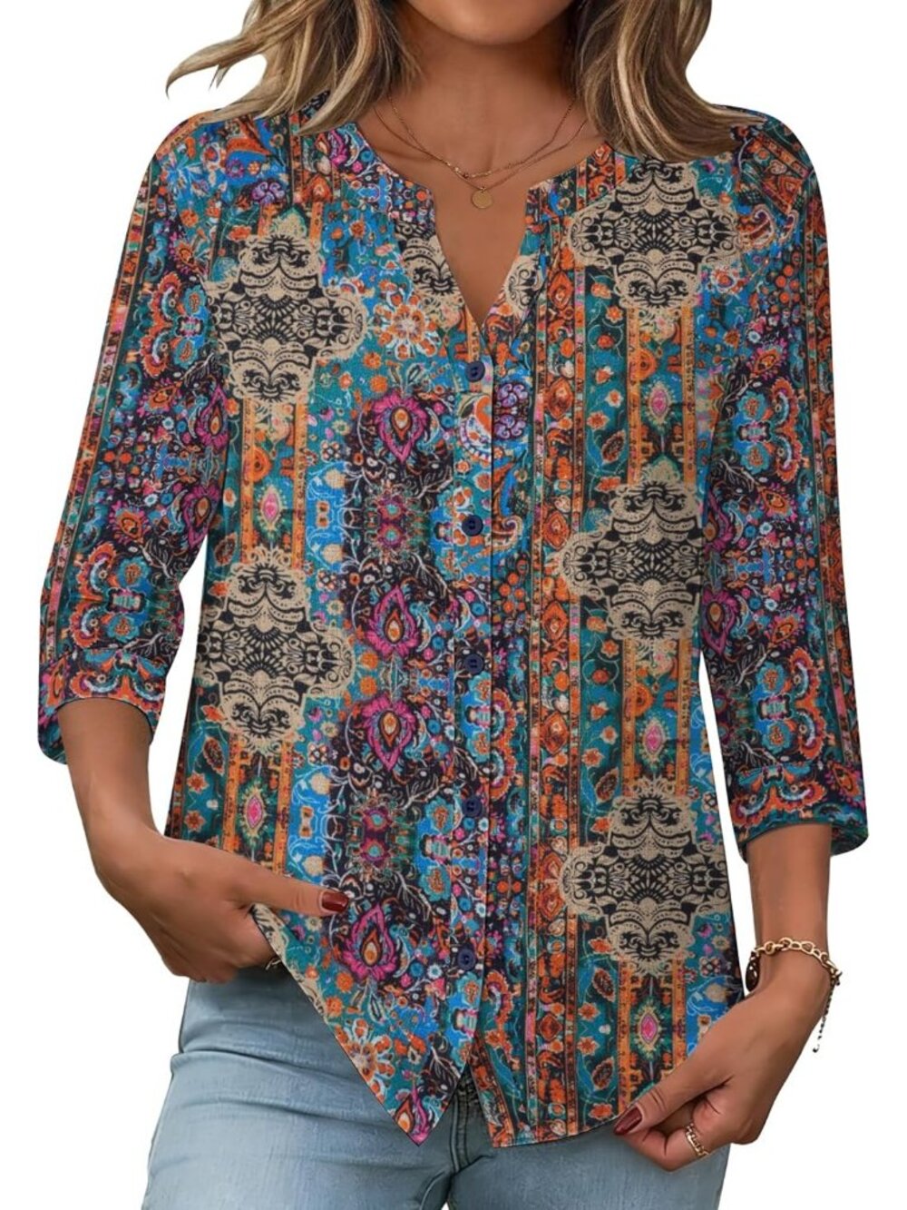 Women's Boho Button Down Sleeve Linen Cotton V Neck Casual Loose Work Blouses